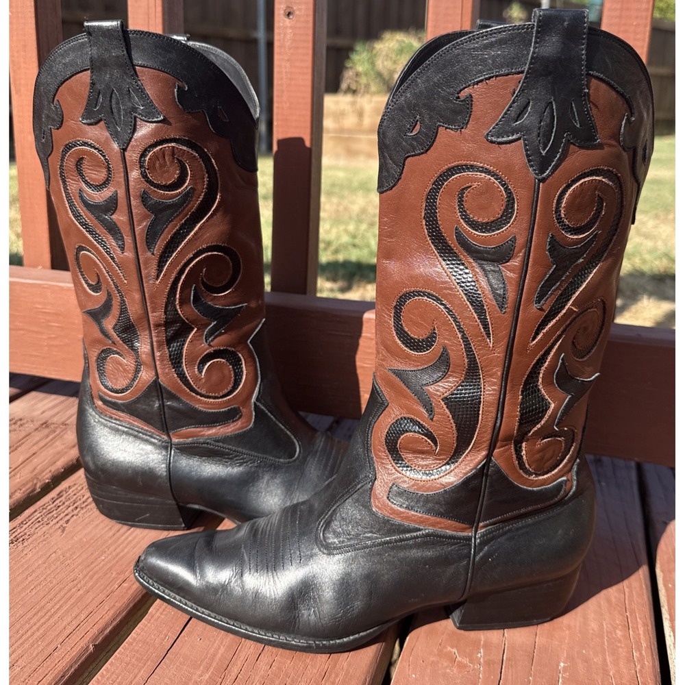 Vtg 90s‎ Vaneli Snip Toe Women's Cowboy Black Brown Inlay Western Boots Sz 8